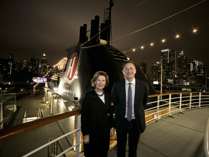 Queen Sonja and Hurtigruten CEO Daniel Skjeldam announced the partnership on board the MS Fram. Photo: Pontus Höök, Hurtigruten